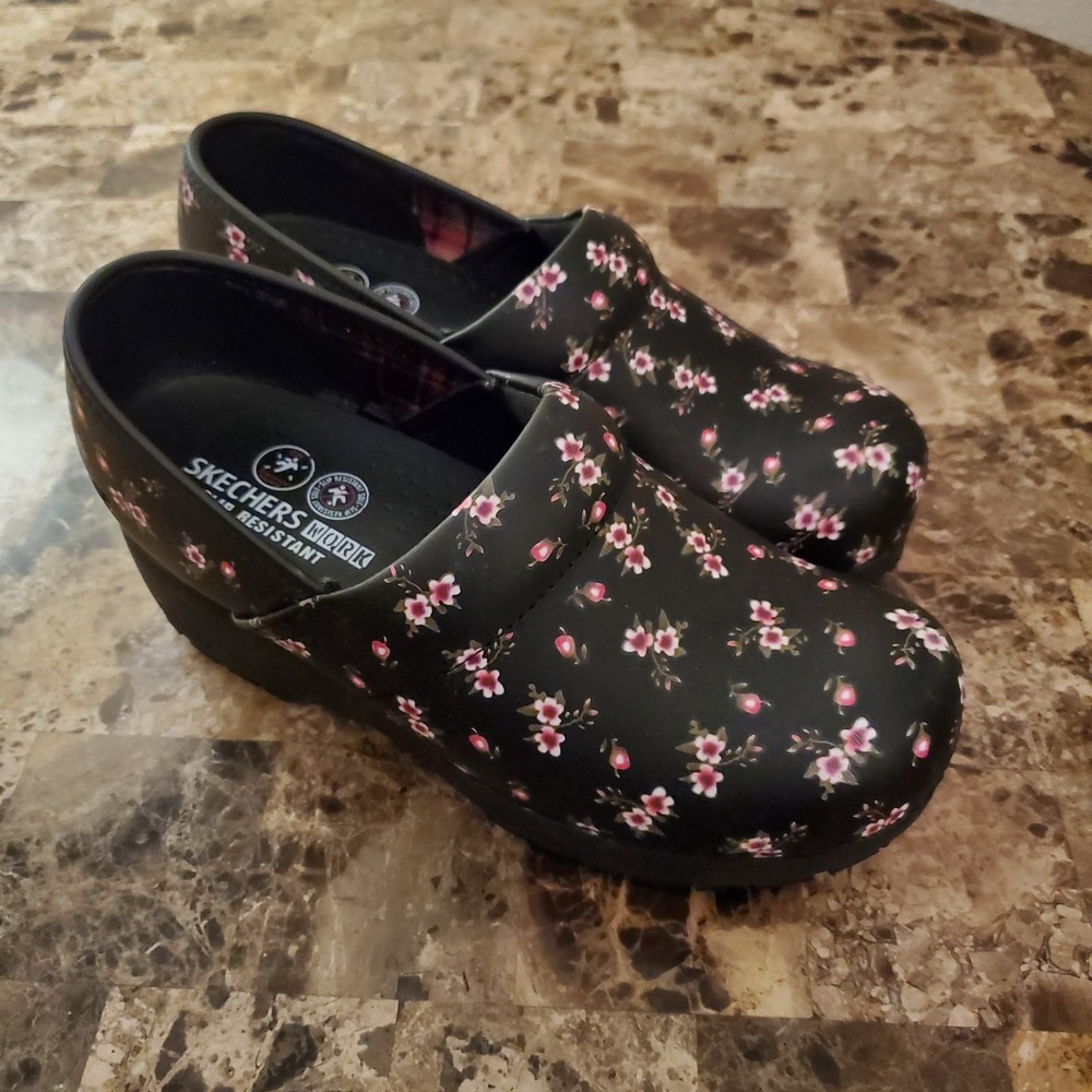 Skechers Size 8.5 full WORK CLOG Candaba Black Pink Floral Slip Resistant Women